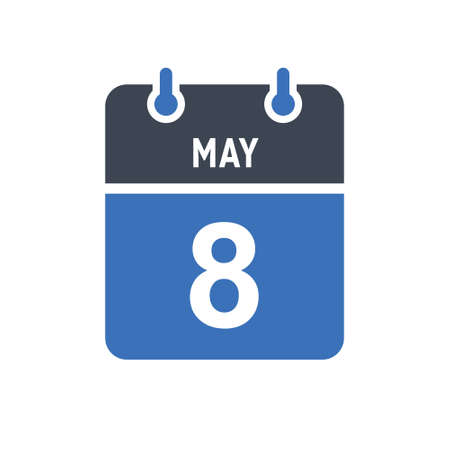 May 8. Calendar icon. Vector illustration flat style. Date, Day of month, Spiral calendar page with date, Holidays in May.のイラスト素材