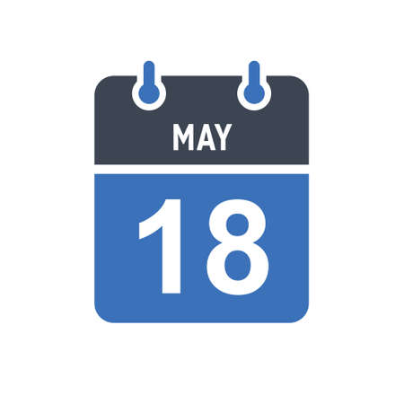 May 18. Calendar icon. Vector illustration flat style. Date, Day of month, Spiral calendar page with date, Holidays in May.のイラスト素材
