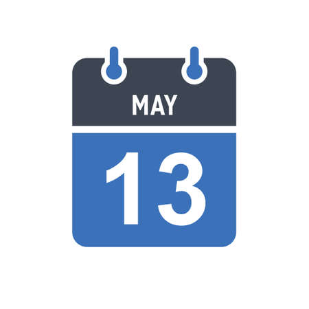 May 13. Calendar icon. Vector illustration flat style. Date, Day of month, Spiral calendar page with date, Holidays in May.のイラスト素材