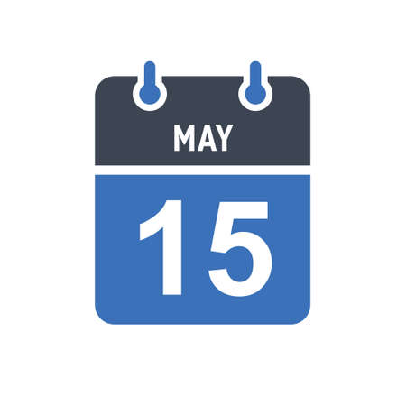May 15. Calendar icon. Vector illustration flat style. Date, Day of month, Spiral calendar page with date, Holidays in May.のイラスト素材