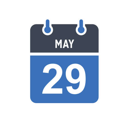 May 29. Calendar icon. Vector illustration flat style. Date, Day of month, Spiral calendar page with date, Holidays in May.のイラスト素材