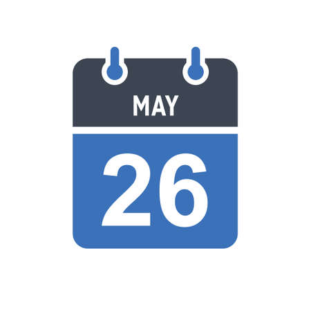 May 26. Calendar icon. Vector illustration flat style. Date, Day of month, Spiral calendar page with date, Holidays in May.のイラスト素材