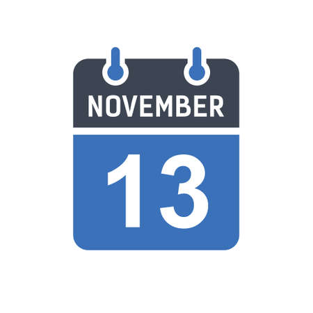 November 13. Calendar icon. Vector illustration flat style. Date, Day of month, Spiral calendar page with date, Holidays in November.のイラスト素材