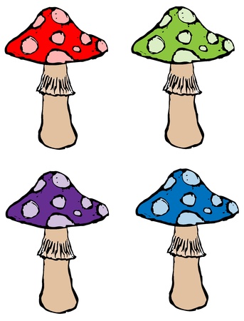 mushroom in four colors - red, green, purple, blueのイラスト素材