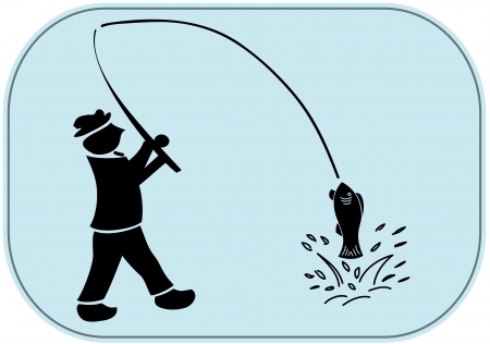 silhouette of fisherman with fishing rod and catched fishのイラスト素材
