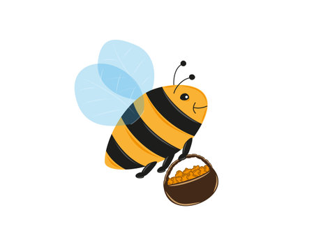 flying bee and basket full of pollen or honey