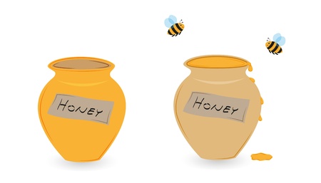 cup of honey with label and flying beeのイラスト素材