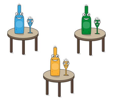 smiling funny glass and bottle on the wooden table with bubbles on the topのイラスト素材