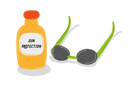 bottle of the sun oil and dark sun glasses for protection of the sun raysのイラスト素材