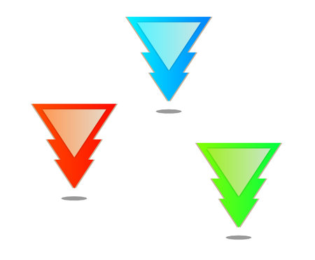 three different colors of triangle pointer with shadow