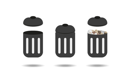 three different trash cans - empty trash can, closed trash can and trash can full of wasteのイラスト素材