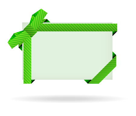 green gift card with dashed ribbon, dashed bow and shadow on white backgroundのイラスト素材