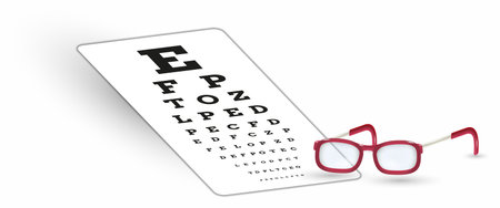 sharp snellen chart and glasses with shadow on white background