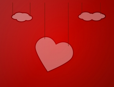 heart and clouds hanging on ropes on red backgroundのイラスト素材