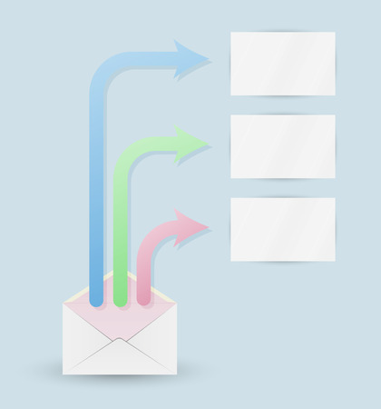 envelope and three color arrows with blank papers on blue backgroundのイラスト素材
