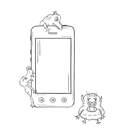 sketch of the smartphone and three viruses on white background, isolatedのイラスト素材