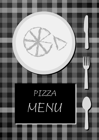pizza menu with black and white colors, squared cloth with plate, food, knife, fork and spoonのイラスト素材