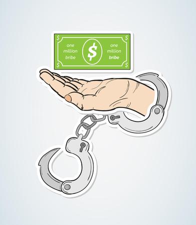bribe and hand with handcuffs on blue gradient background, vectorのイラスト素材