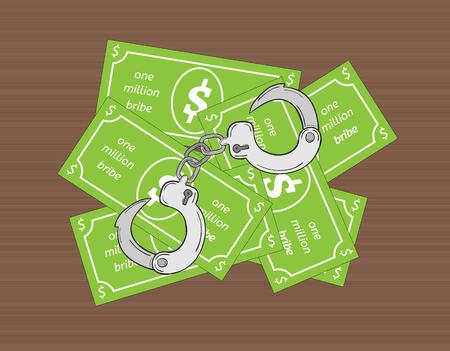 bribe and handcuffs on wooden background, vectorのイラスト素材