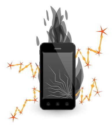 black smartphone with broken display, smoke and lightning on white backgroundのイラスト素材