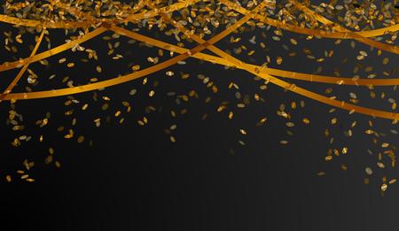 falling oval confetti and ribbons with gold color on black backgroundのイラスト素材
