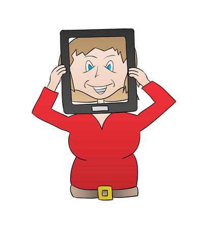 woman with tablet and selfie photo, cartoon, isolatedのイラスト素材