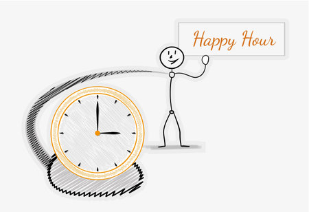 man with happy hour panel and clockのイラスト素材