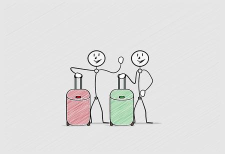 two persons with two suitcases go to the tripのイラスト素材