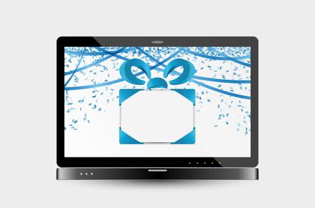 blue gift with ribbons and confetti on laptop screenのイラスト素材