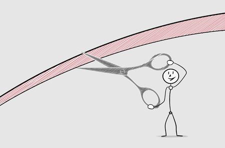 one smiling man holding large scissors and cutting ribbon, crosshatched imageのイラスト素材