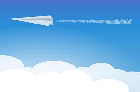 white paper airplane in clouds on blue skyのイラスト素材
