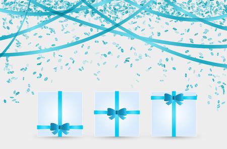 three presents and confetti in blue color on gray backgroundのイラスト素材