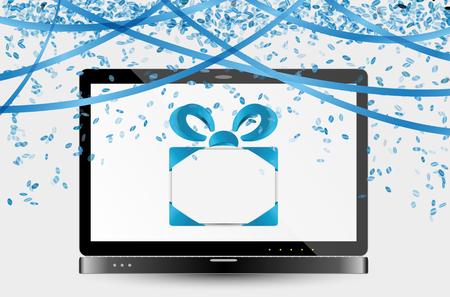 celebration image with blue ribbons and confetti and black laptopのイラスト素材