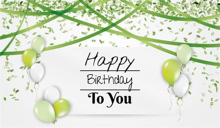 card with wish for birthday with balloons, falling confetti and presentのイラスト素材