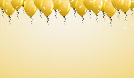 yellow balloons on the top with falling white confetti and yellow backgroundのイラスト素材
