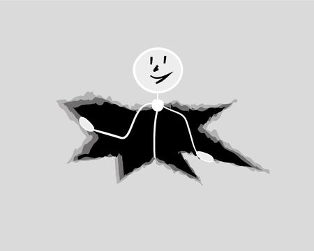 man looking from large black hole in gray paper backgroundのイラスト素材