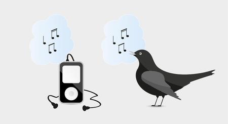 multimedia devices - music device with headphones and black birdのイラスト素材