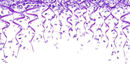 violet confetti and ribbons on white backgroundのイラスト素材