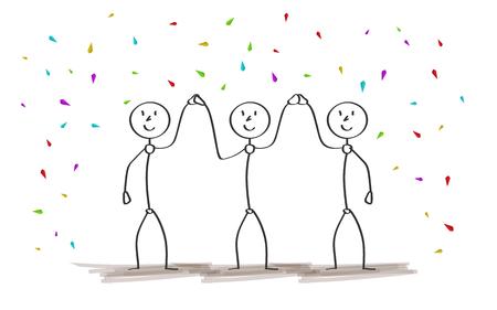 three men and celebration with falling color confettiのイラスト素材