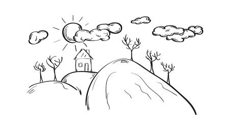 sketch of the house on hill, isolated vectorのイラスト素材