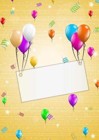 color background with stripes and balloons and falling confetti and paper labelsのイラスト素材