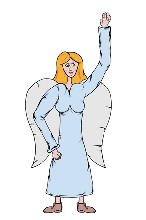Angel in light blue dress with white wings.  Angel as a symbol of goodness and symbol of slavic Christmas. Sketch of the cartoon illustration isolated on white background.のイラスト素材