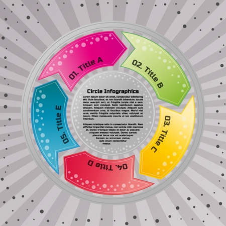Infographic design template. Circular style of infographics for presentation of circular process in your business. Circle is divided into five steps.のイラスト素材