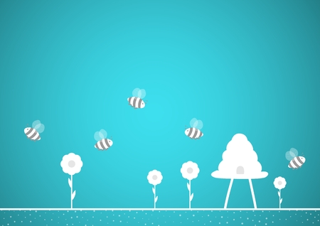 Bees, hive and flowers. Bees pollinate flowers and produce honey. White silhouettes on blue gradient background.のイラスト素材