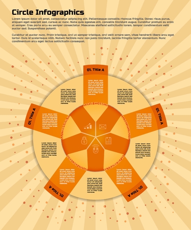 Infographic design template. Circular style of infographics for presentation of circular process in your business. Circle is divided into six steps.  Circle is divided into five or ten steps.のイラスト素材