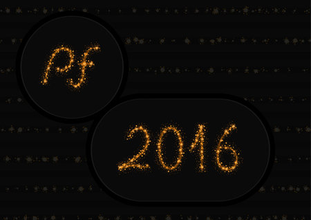 Glittering gold stars and trail of sparkling particles. Glitter lines create text PF 2016