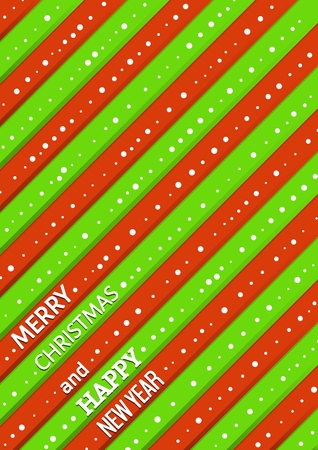 Christmas illustration with green and red stripes covered by white dots as a snowflakes. Illustration contains text: MERRY CHRISTMAS and HAPPY NEW YEAR. Christmas color wallpaper.のイラスト素材