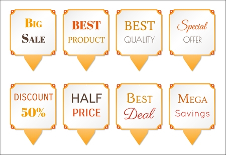 Collection of different product quality badges. Illustration with eight badges isolated on white background.のイラスト素材