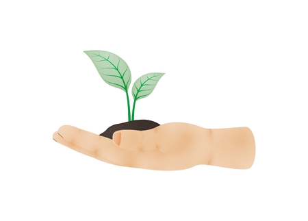 Human hand viewed from one side with green plant growing out of clay on palm as a symbol of ecology. Illustration of hand side with thumb isolated on white background.のイラスト素材