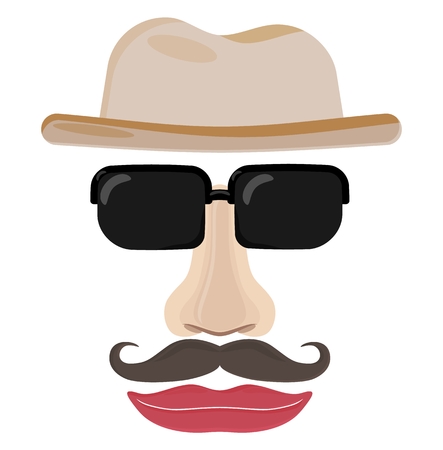 Funny face of invisible man. Illustration of man face with hat, sunglasses, nose, mustache and lips.のイラスト素材